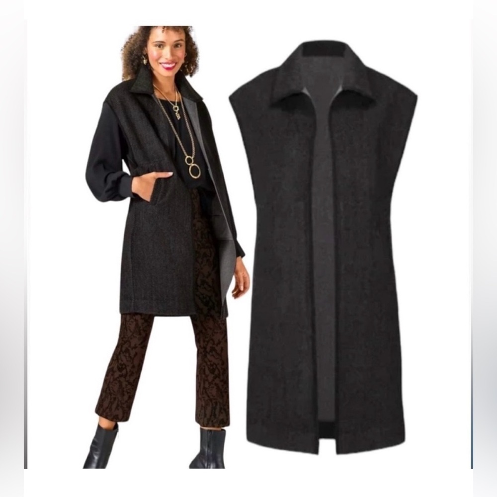 CAbi Womens Gray Black Novel Open Front Vest
Long Duster Size M/L Herringbone